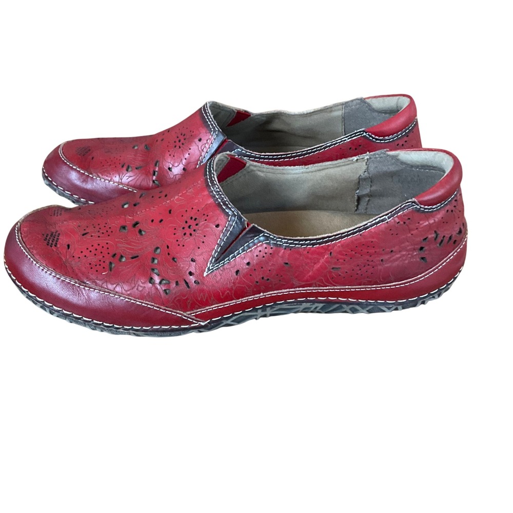 Spring Step L'Artiste Loafers Women 42 Red Leather Floral Laser Cut Slip On